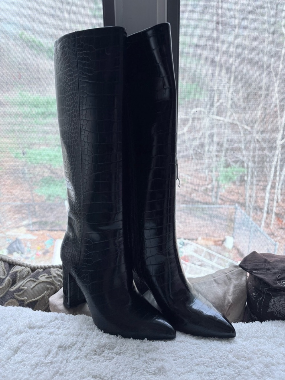 INC International Concepts Black Croc-Embossed Over-the-Knee Pointed Boots